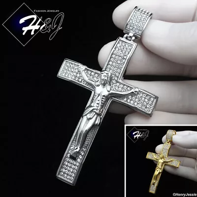 Men Stainless Steel Icy Bling Cz Silver/gold Plated Big Jesus Cross Pendant*p142 • $22.99