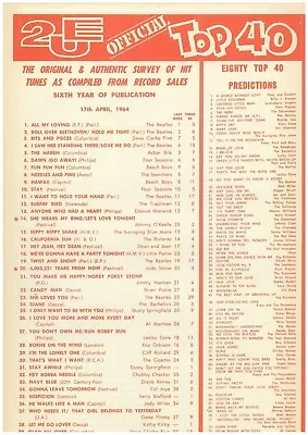 2UE Music Chart Top 40 Australia 17 April 1964 Beatles Beatlemania All My Loving • $7.90