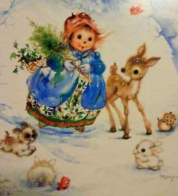 MARY HAMILTON Christmas Greeting Card LITTLE GIRL FAWN CRITTER FRIENDS Unused • $5.99