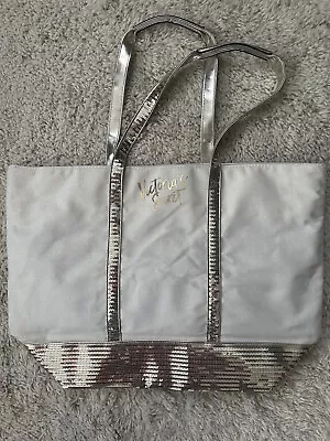 VICTORIA SECRET Ivory/Gold Sequined Sparkle Double Handle Large Tote Bag NWOT • $15.26