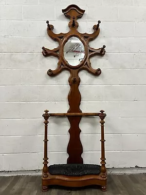 Antique Victorian Walnut Hall Stand Hall Tree With Cast Iron Tray And Mirror • $899