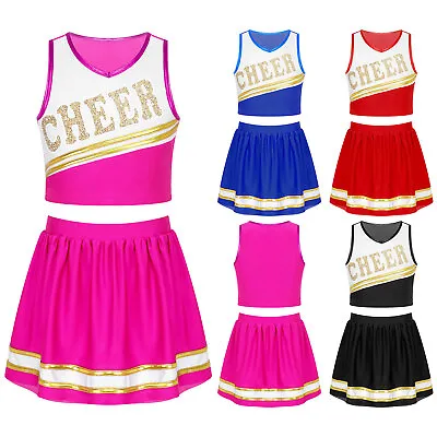 UK Kids Girls Cheer Leader Costume Two-Piece Students Cheerleading Uniform Dress • £7.19