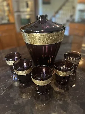 Moser Bohemian Sovereign Amethyst Punch Bowl Ice Bucket & 5 Low Ballglasses • $749.95