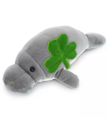 DolliBu Cute Grey Manatee Stuffed Animal With Green Plush Shamrock - 15 Inches • $18.86