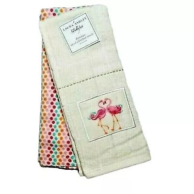 Laura Ashley Flamingo Kitchen Towels Valentine's Day Retro Dots Cotton 2-Piece • $18