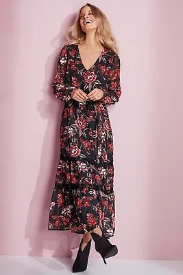 Maxi Dress Black Floral Size 16 European Ezibuy Long Tiered Lace Sleeve R$180 • $48.99