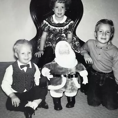 Vintage 1964 Black And White Photo Siblings Children Christmas Holiday Santa • $6.69