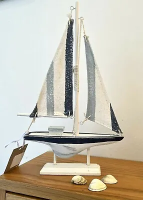 £6.99 • Buy Large Wooden Sail Boat Rope Yacht Sea Model Ship Coast Shelf Sitter Ornament Sea