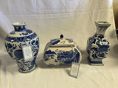 3 Beautiful Vintage Blue & White Asian Style Vase Flower Floral Bamboo RARE • $129.99