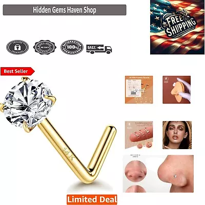 14K Gold L Shaped Nose Rings With Simulated Diamond CZ - Hypoallergenic - 3 Pack • $59.79