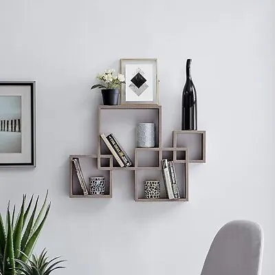 Weathered Oak Decorative Wall Mount Floating Intersecting Cube Accent Shelf • $49.99