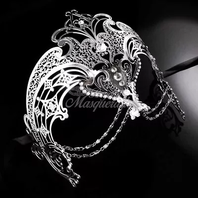 Womens Egyptian Chain Venetian Laser-Cut Filigree Metal Masquerade Mask [Silver] • $19.95