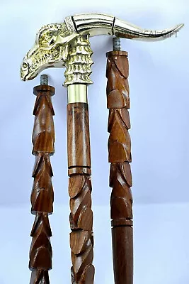 Antique Nautical Brass Golden Dragon Head Handle Walking Stick Wooden Cane Gifts • £26.40