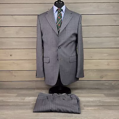 Vintage Express Mens Suit 40R Gray Wool Striped 2pc Jacket Pants 34X30 Casual • $48.95