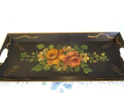 Vintage Hand Painted Muted Apricot & Pink Roses Metal Serving Display Tole Tray • $55