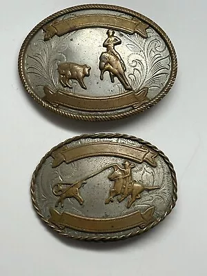 Vintage RODEO Belt Buckle Nickel Silver Western Cowboy Lasso Calf Set 2 • $34