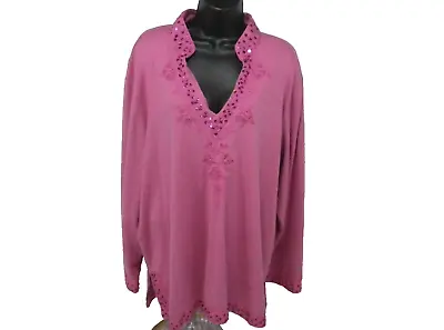 Quacker Factory Womens Tunic Top 3X Pink Knit V Neck Sequins Embroidered • $19.99
