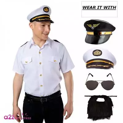 Adult Captain Pilot White Shirt Mens Hollywood Playboy Fancy Dress W/Hat Options • £14.99