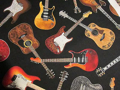 Guitar Classic Rock Guitars Music Notes Black Cotton Fabric Fq • $4.10