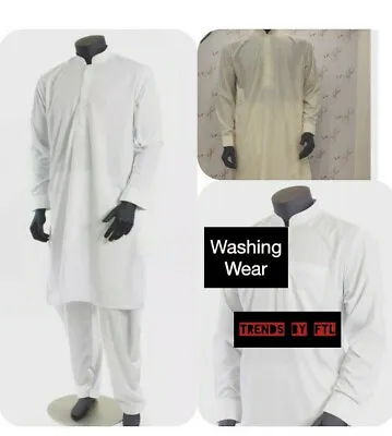 Shalwar Kameez Mens Al-Qaiser Plain Band Collar White/Cream Sizes  SMLXL  • £24.99