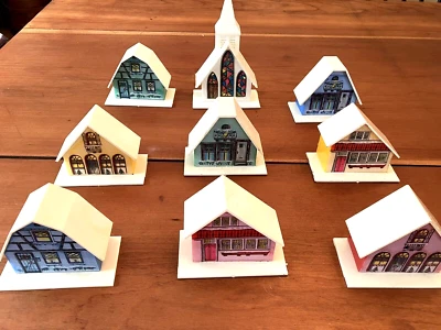 $15 • Buy 9 VINTAGE 1970's CHRISTMAS HOUSES PUTZ PLASTIC ALPINE CHURCH VILLAGE
