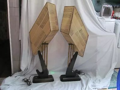 Vintage Pair Majestic Lamps Lights Fiberglass Shades Brass Wood Base • $795