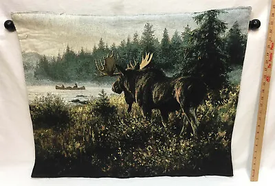 Tapestry Moose Lake Canoe Wildlife Landscape W/ Metal Hanging Dowel Black 25x30 • $34.99