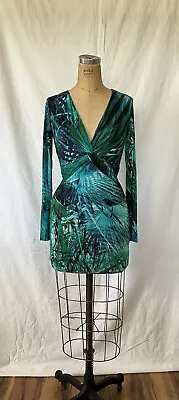 Marciano Green Tropical Print Mini Long Sleeves Deep V Neck Size S • $40