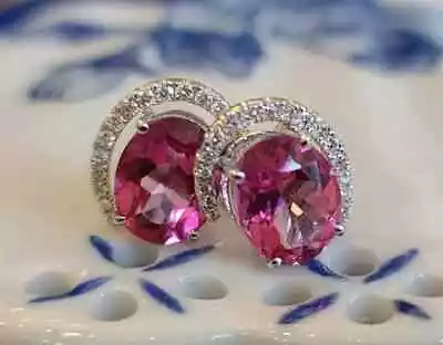 14K White Gold Plated 2Ct Oval Cut Lab Created Pink Sapphire Women Stud Earring • $74.99