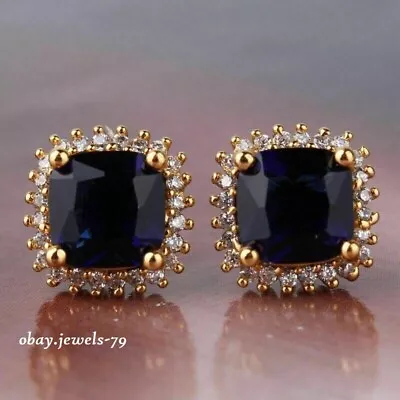 Lab-Created Sapphire 3CT Ascher Cut Women's Stud Earrings 14K Yellow Gold Plated • $93.59