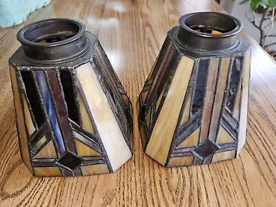 Set Of 2 Vintage Arts & Crafts Mission Style Leaded Slag Glass Lamp Shades • $167.99