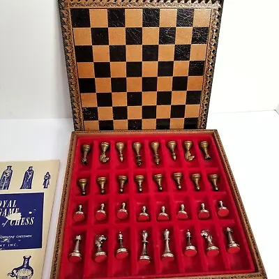 Vintage Small Metal Chess Set Brass Silver Tone Leather-Like Board With Storage • $59.99