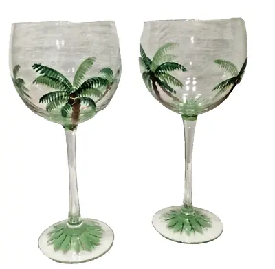 Hand Painted Palm Trees And Coconuts Stemmed Wine Glasses  8.5  Tall Set Of 2 • £7.59
