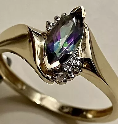 10K Yellow Gold Mystic Topaz Ring With Diamond Accents Signed SR Size 7 • $75