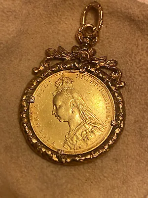 1890 GOLD SOVEREIGN QUEEN VICTORIA JUBILEE HEAD = 22k GOLD SET IN GOLD PENDANT • $729.99