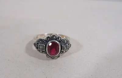 FAS Sterling Silver Ring With Red Stone And Marcasites ~ Size 8 • $22