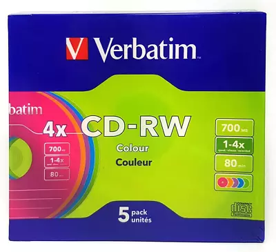 Verbatim CD-RW 700MB 5Pk Colour Slim Case 2X-4X • $17.85