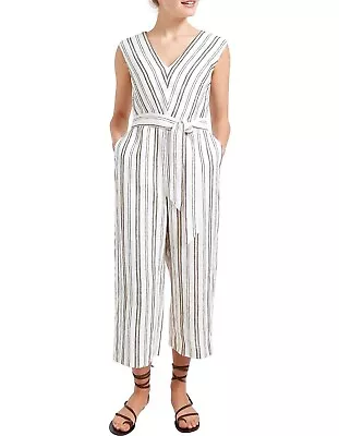 Sportscraft Jumpsuit Size 8 Linen Stripe Wide Leg Cropped Cream Beige Near New • $39