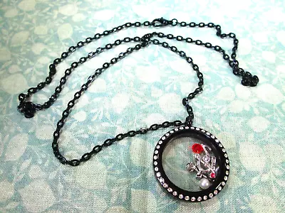 Music Themed Floating Charm Locket Necklace Rhinestones / Black Tone / 24  / C • $11.95