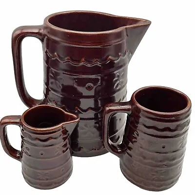 Set Of 3 Marcrest Daisy Dot Brown Pitcher Jug Stoneware Ovenproof USA Vintage • $55