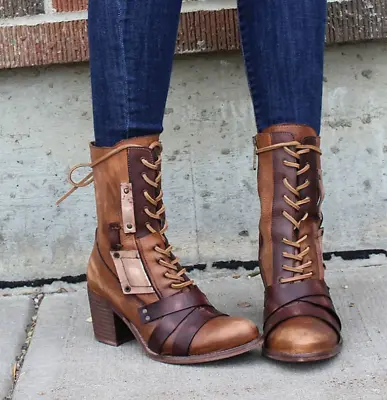 Vintage Womens Chunky Heels Mid Calf Boots Ladies Round Toe Combat Lace Up Shoes • $63.28