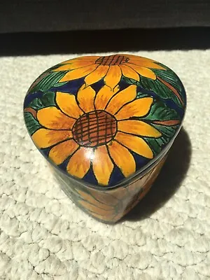 Vintage Talavera Mexican Heart Shaped Trinket Box Pottery Sunflower Motif • $16