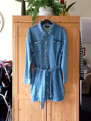 Denim Shirt Dress10In The Style.Blue.Military Look.Waistband/Ties.Button Front • £5.80