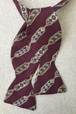 Vintage Silk Bow Tie Maroon W/ Tan Decorative Stripes Self-Tie Adjustable 2.5  • $18