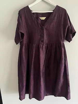 Gorman Dress L 14 Purple Linen Blend V-Neck Buttons • $50