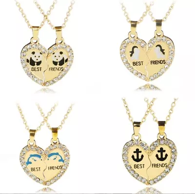 Gold Panda Broken Heart Best Friend Rhinestone 2 Pcs Friendship Necklace Gift • £4.49