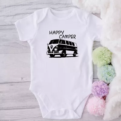 HAPPY CAMPER VW Campervan Babygrow Baby Present Vest Newborn Gift • £5.99