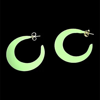 Vintage Green Metal Crescent Moon Earrings Statement 70s Costume Jewellery • £8