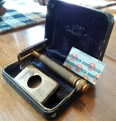 Vintage Gillette Gold Tone Razor W/Blade Case And 2 Blades In Travel Case • $21.95