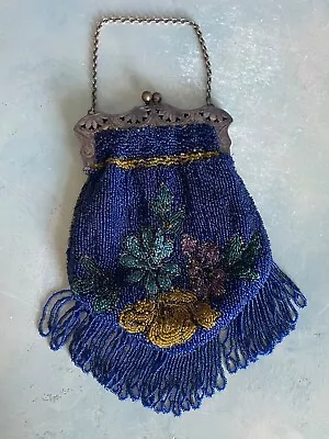 Vintage Micro Beaded 1900's Bag Brilliant Blue Floral Motif Mrk'd Sterling Front • $195